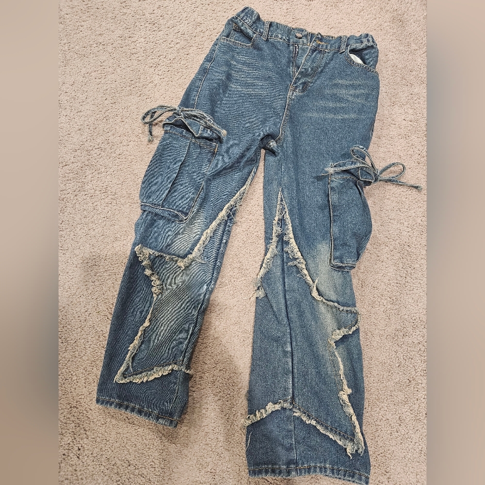 Stylish Blue Distressed Star Jeans